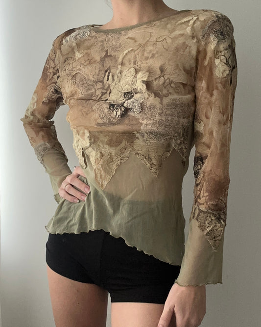 Light Green With Khaki Sheer Floral Top (Universal)