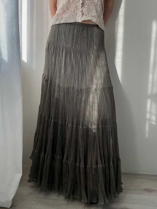 Green Khaki Tiered Flowy Maxi Skirt (XS)