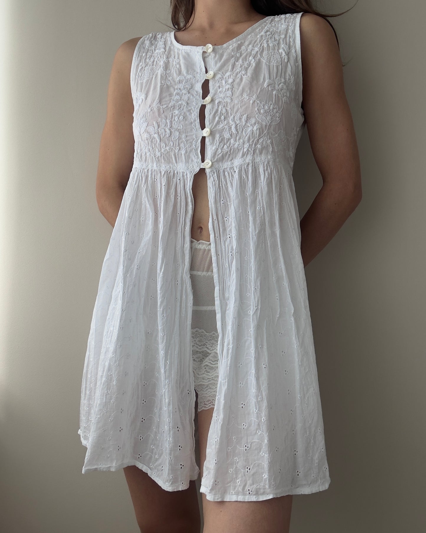 White Cotton Half Buttoned Babydoll Top with Embroidery (M)