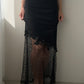 Black Maxi Skirt with Asymmetric Detail, Floral Embellishments and Guipure (S-M)