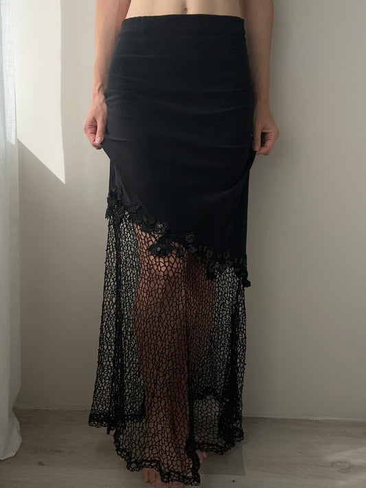 Black Maxi Skirt with Asymmetric Detail, Floral Embellishments and Guipure (S-M)