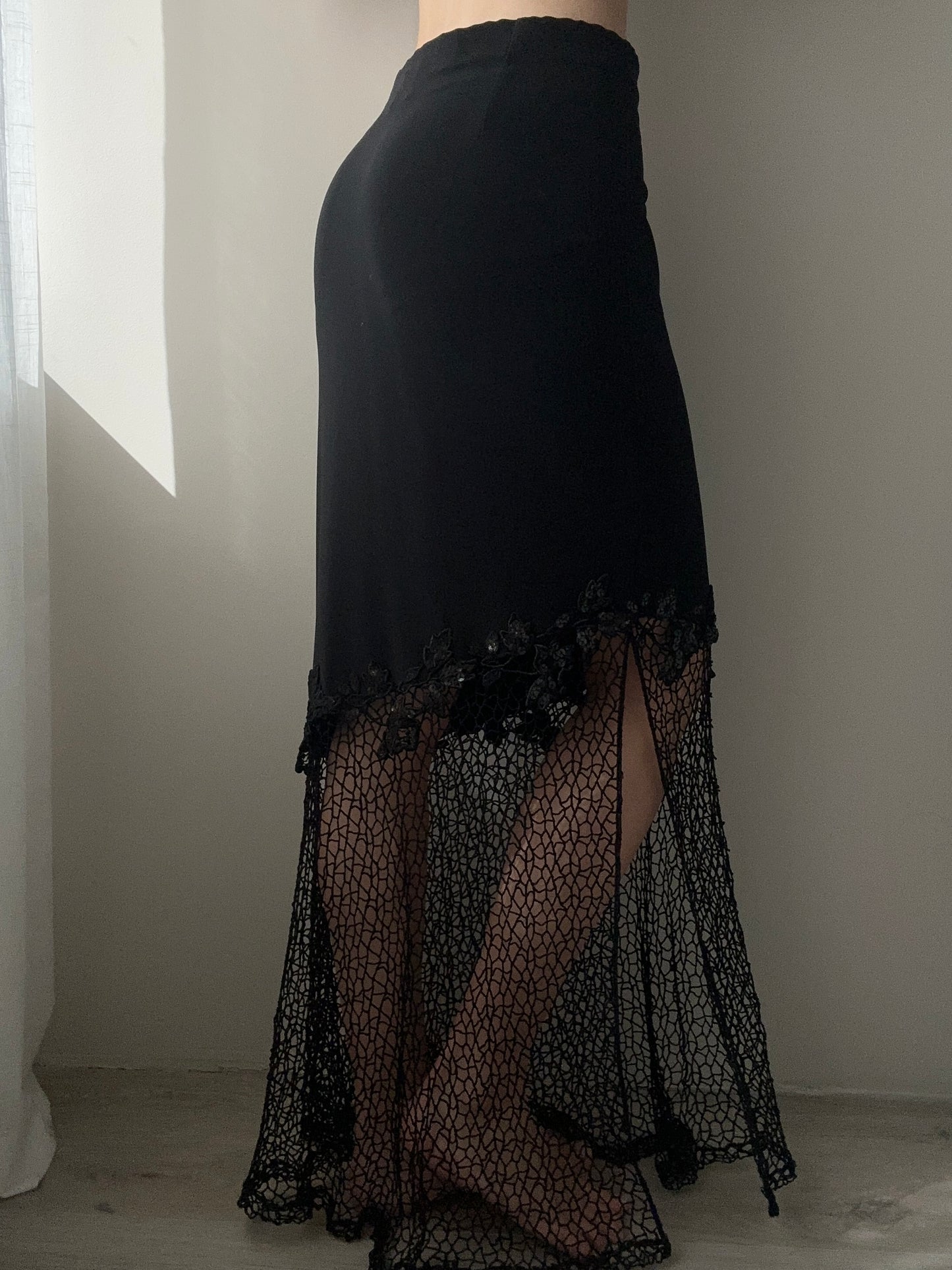 Black Maxi Skirt with Asymmetric Detail, Floral Embellishments and Guipure (S-M)