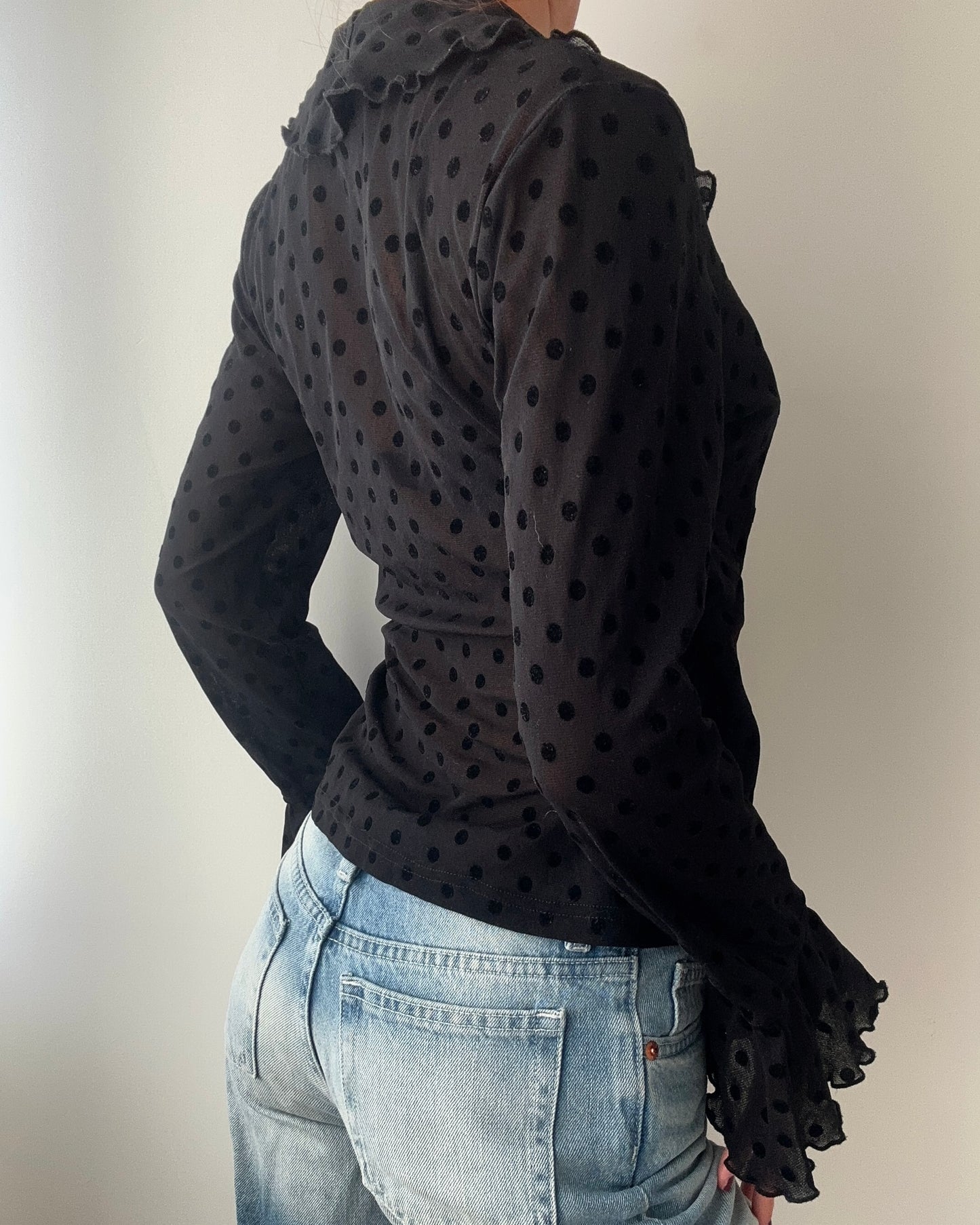 Black Sheer Wrap Top With Ruffles And Polkadots (S)