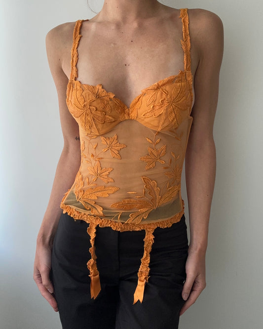 La Perla Orange Floral Embroidered Corselet (XXS)