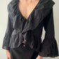 Black Ruffled Cropped Blouse With Trumpet Sleeves (S)