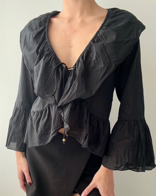 Black Ruffled Cropped Blouse With Trumpet Sleeves (S)