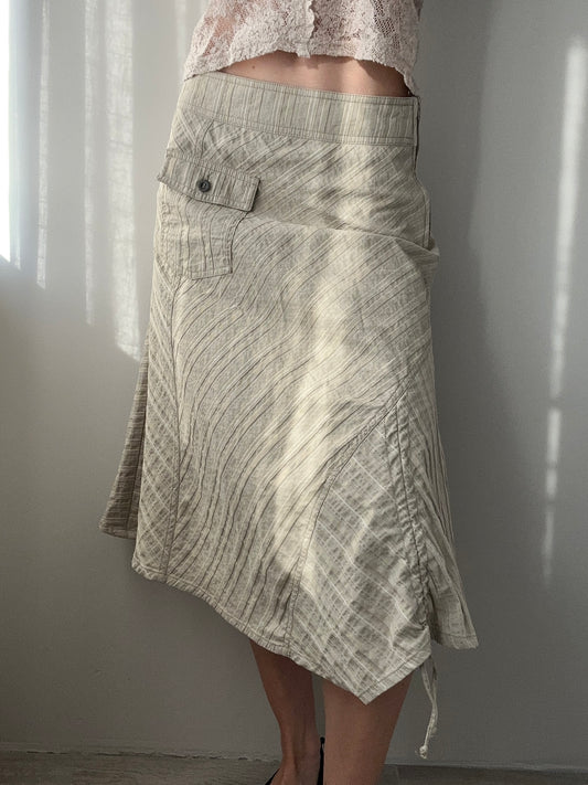 Beige Asymmetric Midi Skirt with Diagonal Stripe Design (XS)