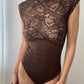 Vintage Italian Brand High Neckline Lace Covered Dark Brown Body (M)