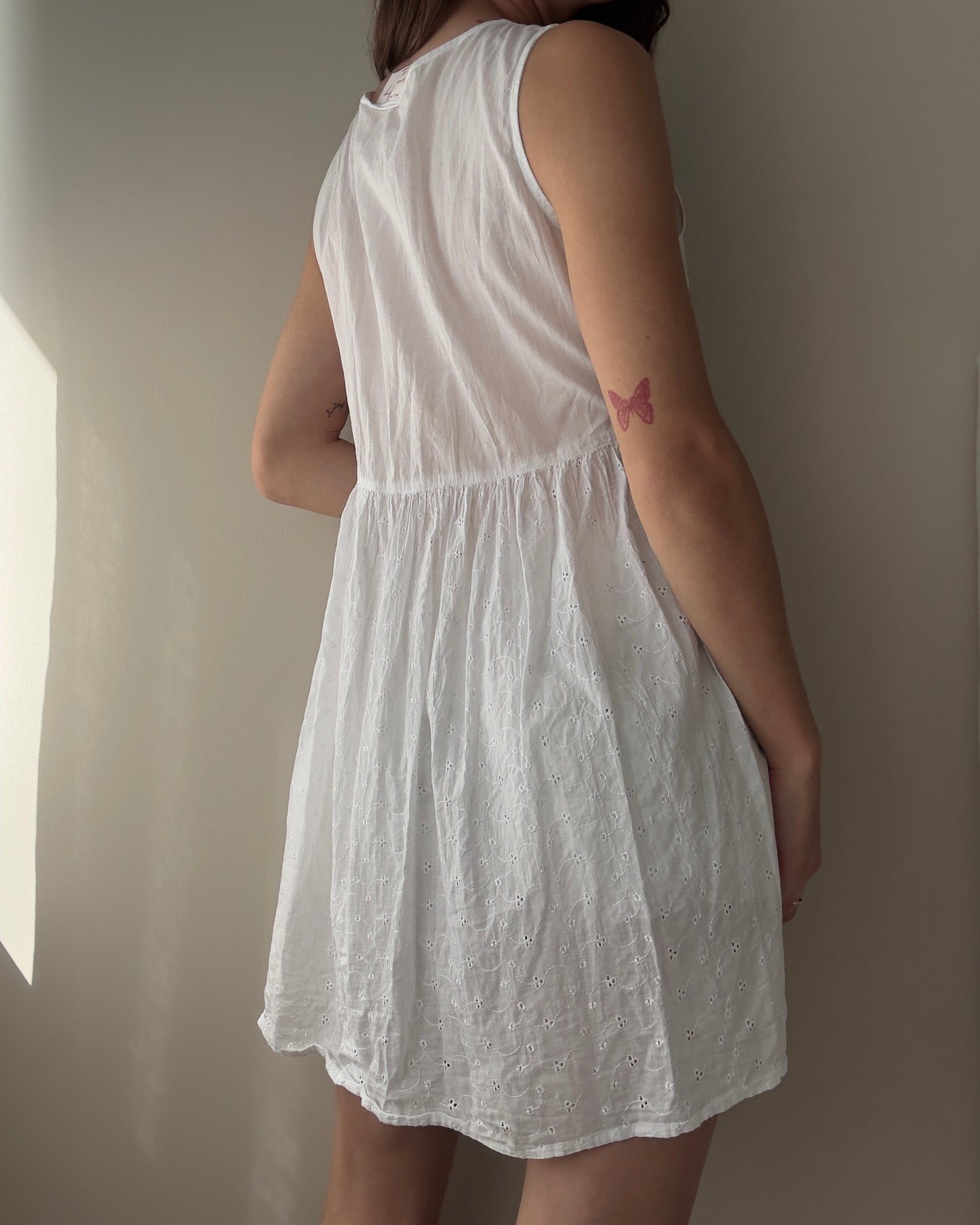 White Cotton Half Buttoned Babydoll Top with Embroidery (M)