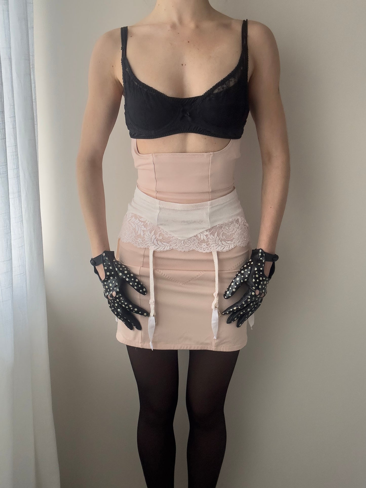 Malizia by La Perla - Light Apricot Pink Garter Belt with Floral Ornamental Print and Lace (XS)