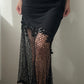 Black Maxi Skirt with Asymmetric Detail, Floral Embellishments and Guipure (S-M)