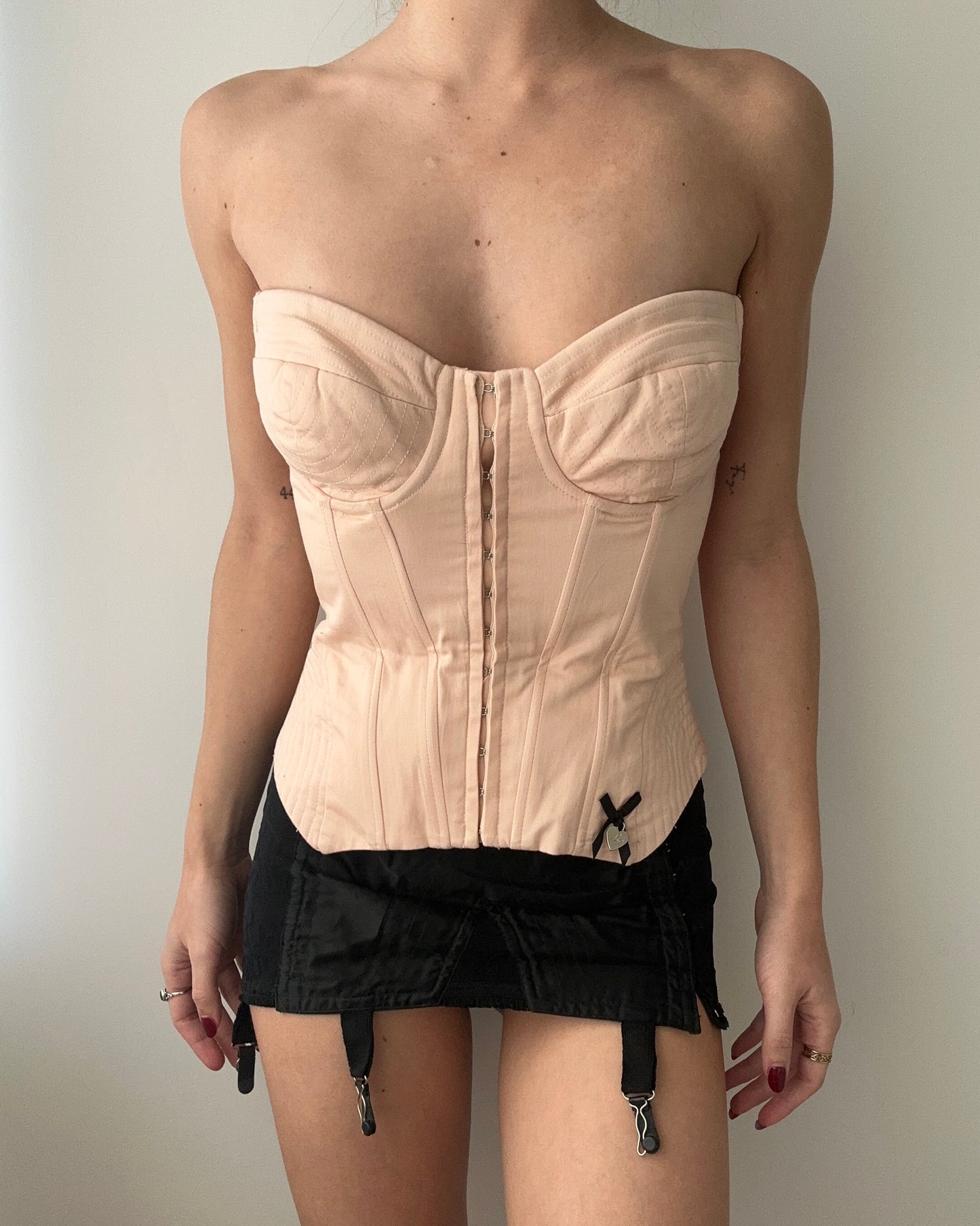 Powder Pink Corset With Black Ribbon Detail (S)