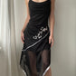 Black Double-layer Asymmetric Draped Midi Dress with Floral Embellishment (M)