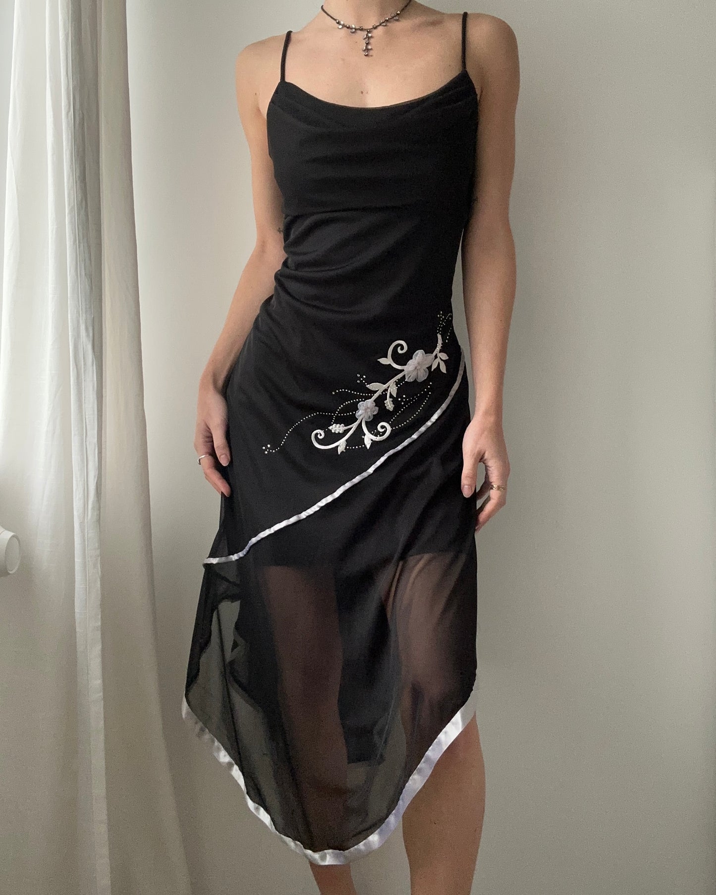 Black Double-layer Asymmetric Draped Midi Dress with Floral Embellishment (M)