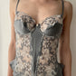 Dusty Blue Grey Real Silk Floral Lace Corset Top with Suspenders (70D/32D)