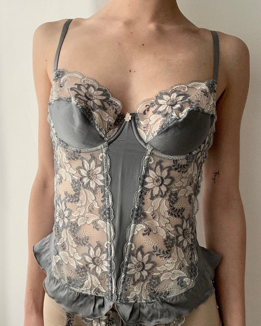 Dusty Blue Grey Real Silk Floral Lace Corset Top with Suspenders (70D/32D)