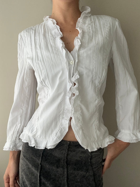White Crinkle Blouse with Ruffle details (L)