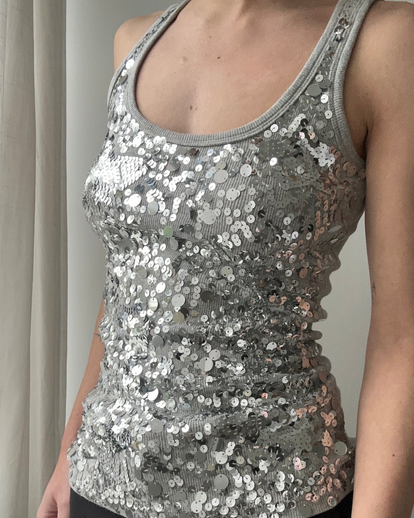 Grey Ribbed Tank Top with Silver Sequins (XS)