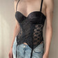 Vintage - Black Soft Shiny Corset Top with Lace Detailing (XS-S)