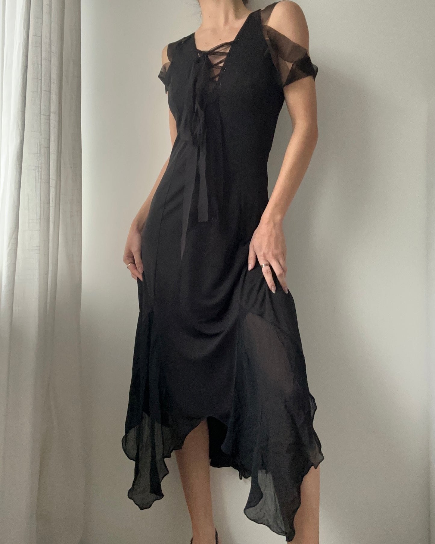 Black Whimsical Double-layer Maxi Dress (XS)