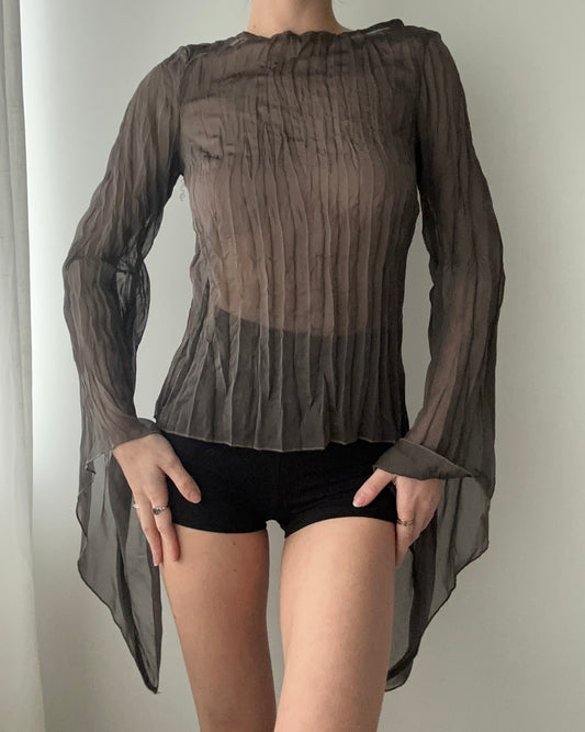 Dark Khaki Sheer Top With Long Slouchy Sleeves (XS-S)