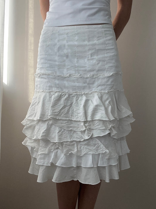 Marc Cain Cotton, Linen and Silk Mix Dropped Waist Skirt with Ruffle Layers (XS)