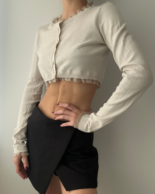 Beige Button-up Long Sleeve Knitted Crop Top (XS)