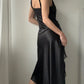 Black Double-layer Satin Draped Midi Dress with Ruffles (S)