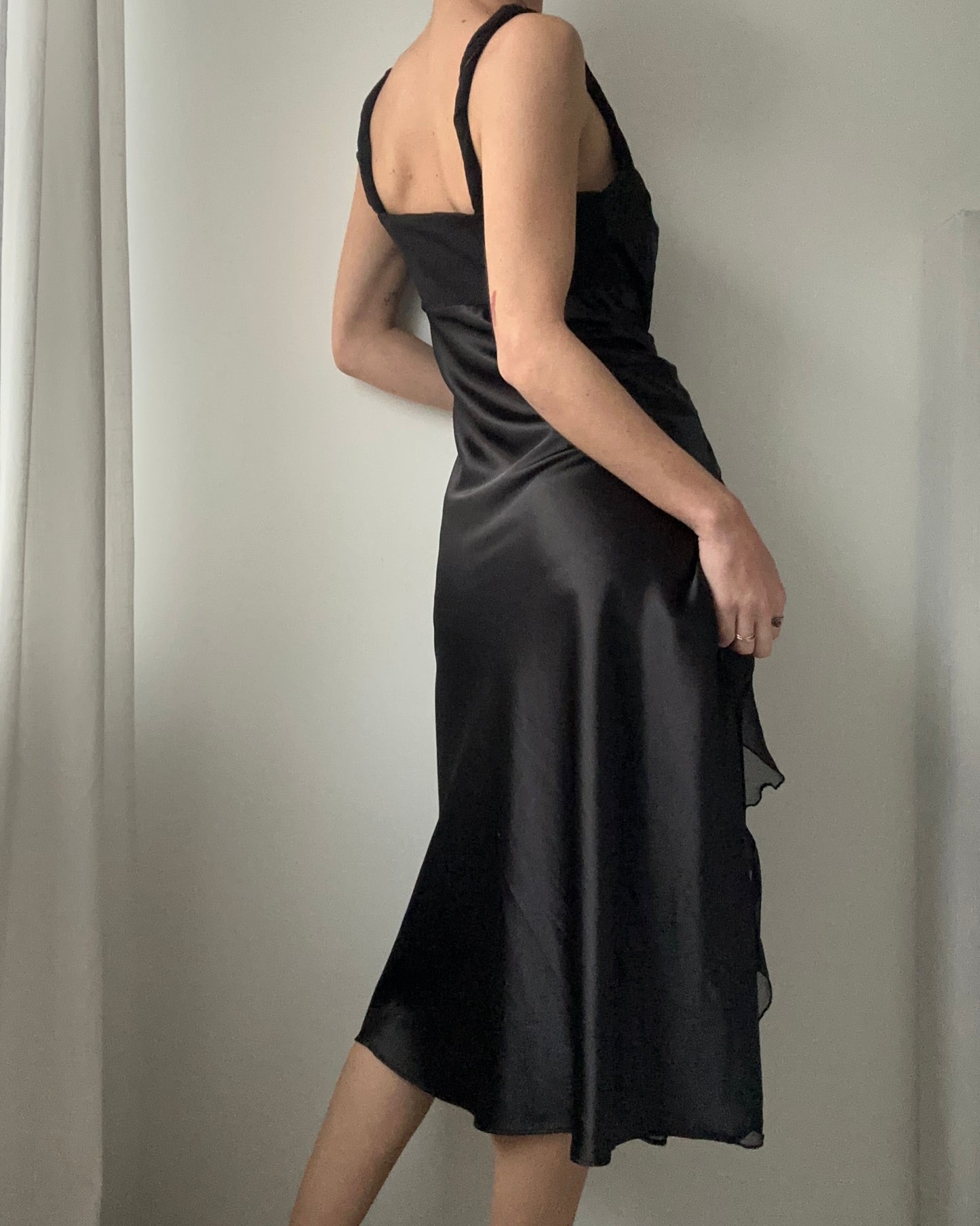 Black Double-layer Satin Draped Midi Dress with Ruffles (S)