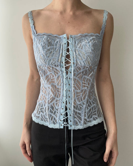 Sky Blue Embroidered Lace Up Corset Top with Stripe Design (M)