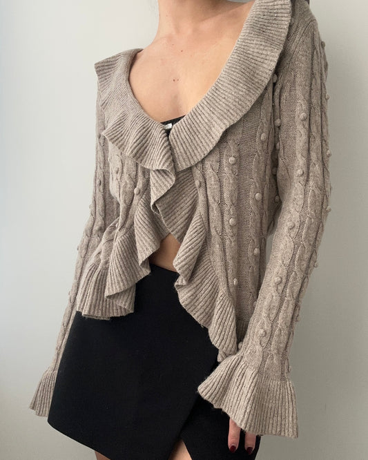 Beige Taupe Cardigan With Ruffles and Polkadots (S)