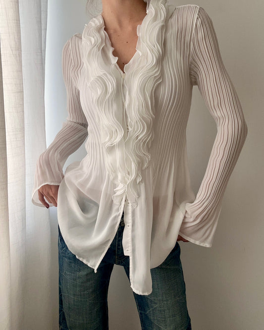 White Sheer Tunic Blouse With Ruches (S)