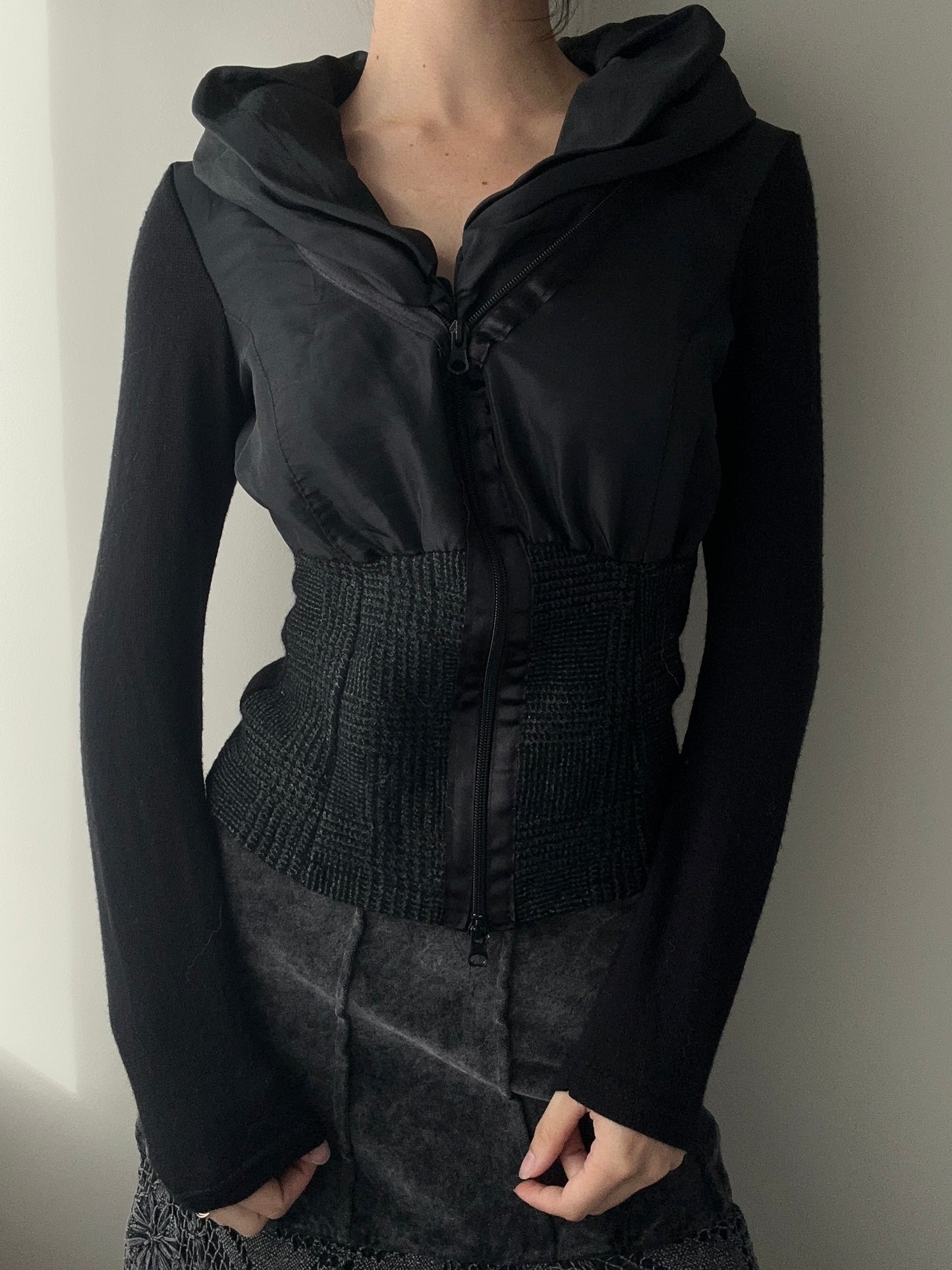 Black Zip Cardigan with Ruffled High Collar (XS-S)