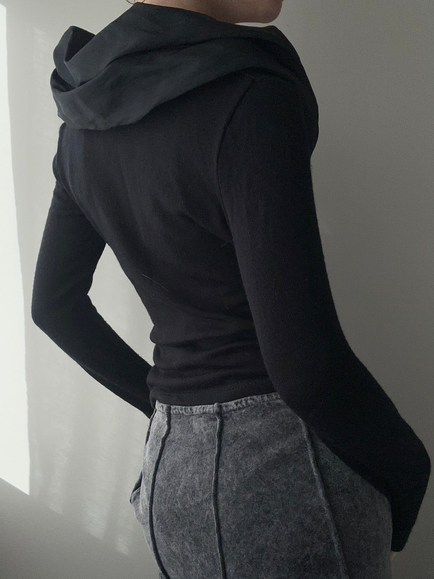 Black Zip Cardigan with Ruffled High Collar (XS-S)