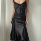 Black Double-layer Satin Draped Midi Dress with Ruffles (S)