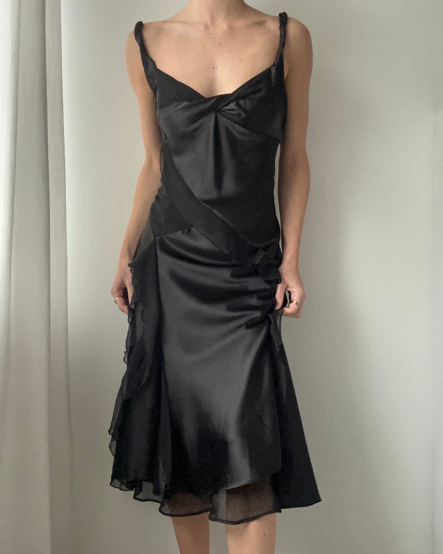 Black Double-layer Satin Draped Midi Dress with Ruffles (S)