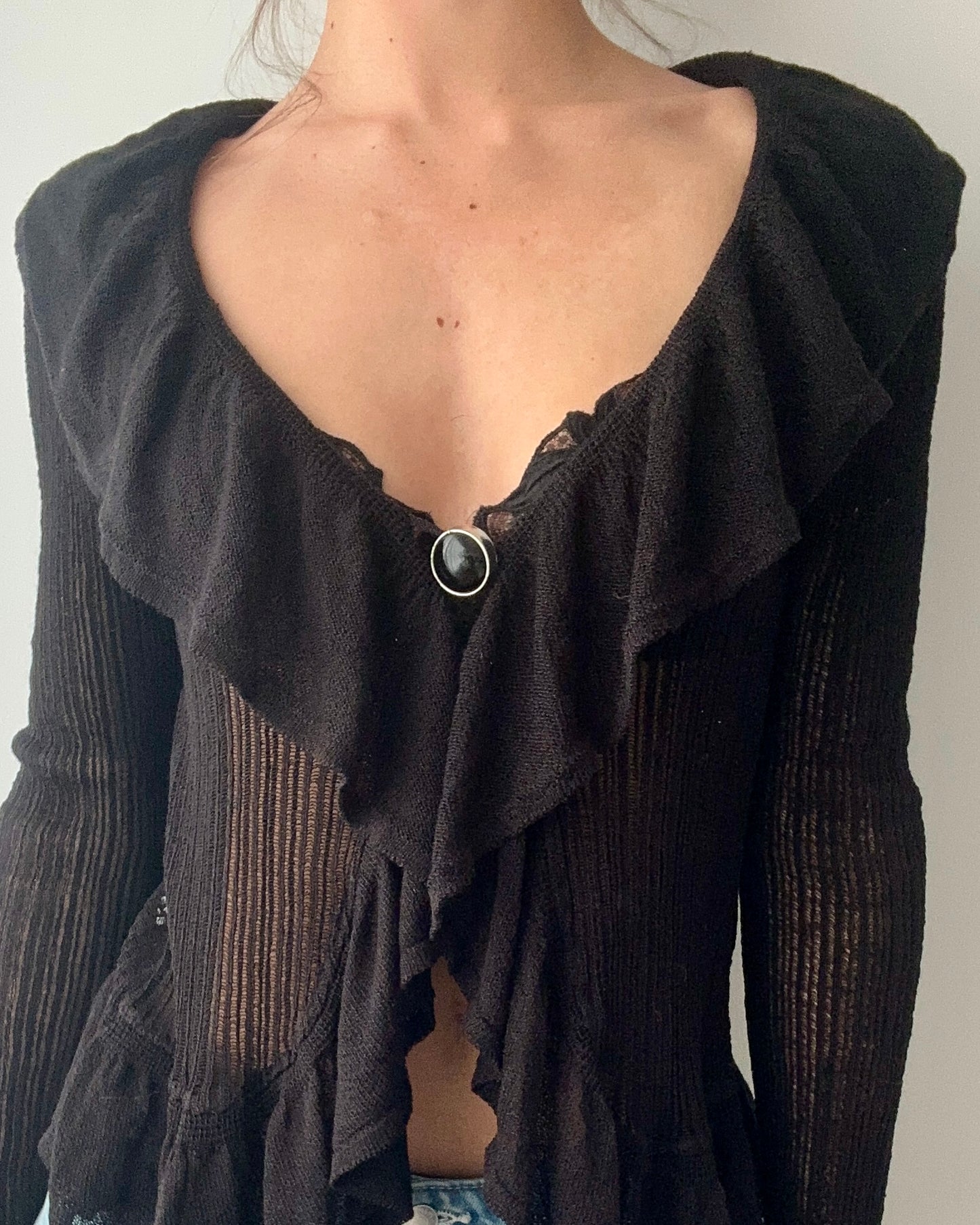 Black Knitted Blouse With Ruffles (S-M)