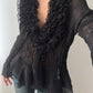 Black Sheer Ruffle Blouse With Embroidery (M)