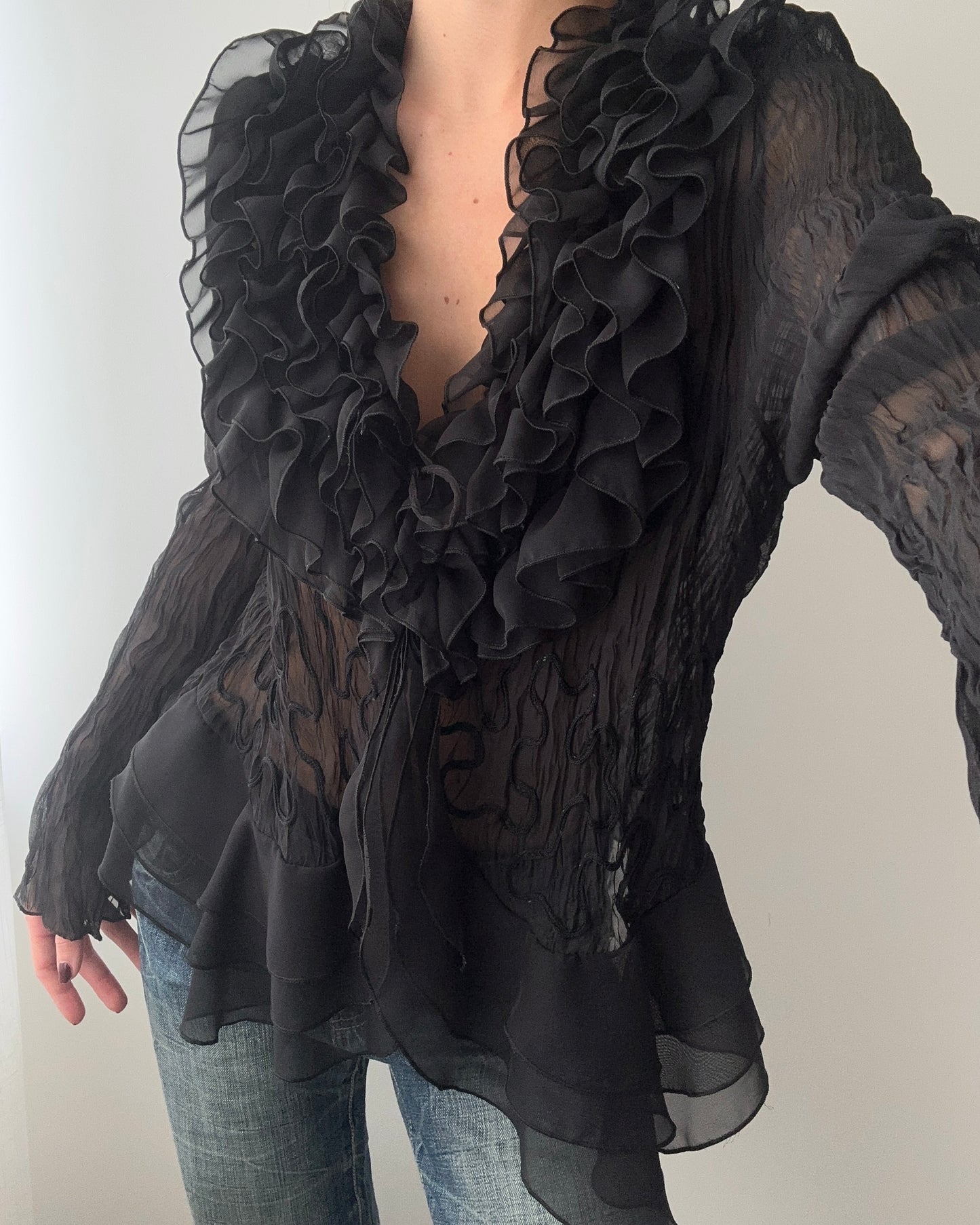 Black Sheer Ruffle Blouse With Embroidery (M)