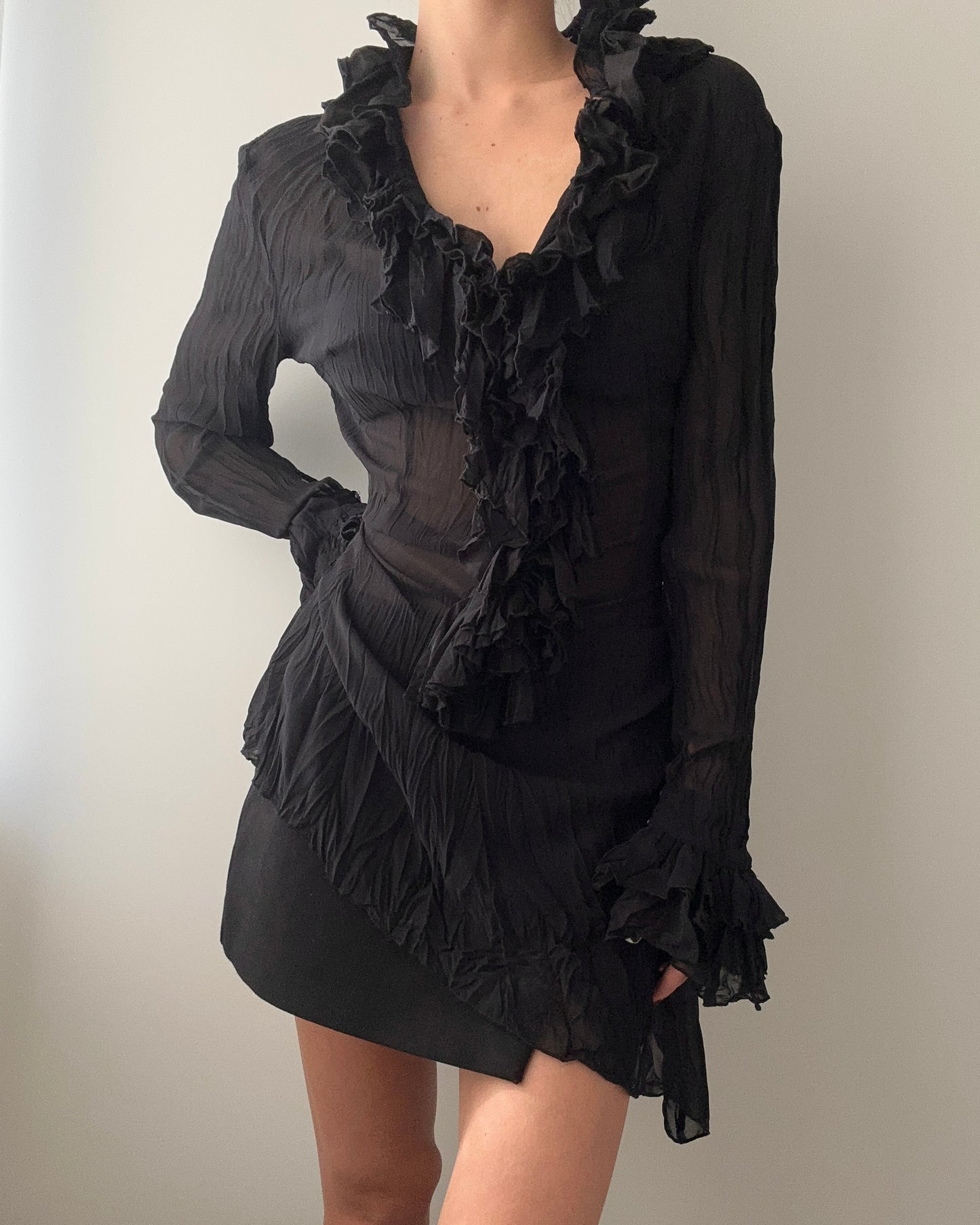 Black Asymmetric Sheer Tunic Blouse With Ruffles (M)