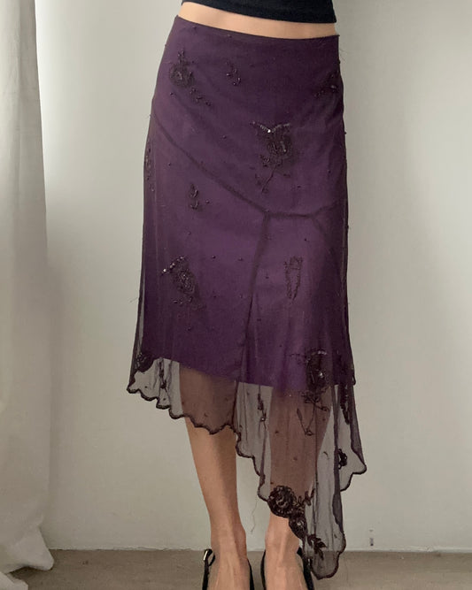 Dark Purple Double-layer Asymmetric Skirt with Beaded Embellishments (M)