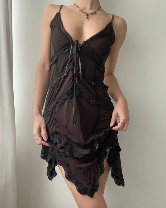 Brown Whimsical Asymmetric Mini Dress with Lace (XS)