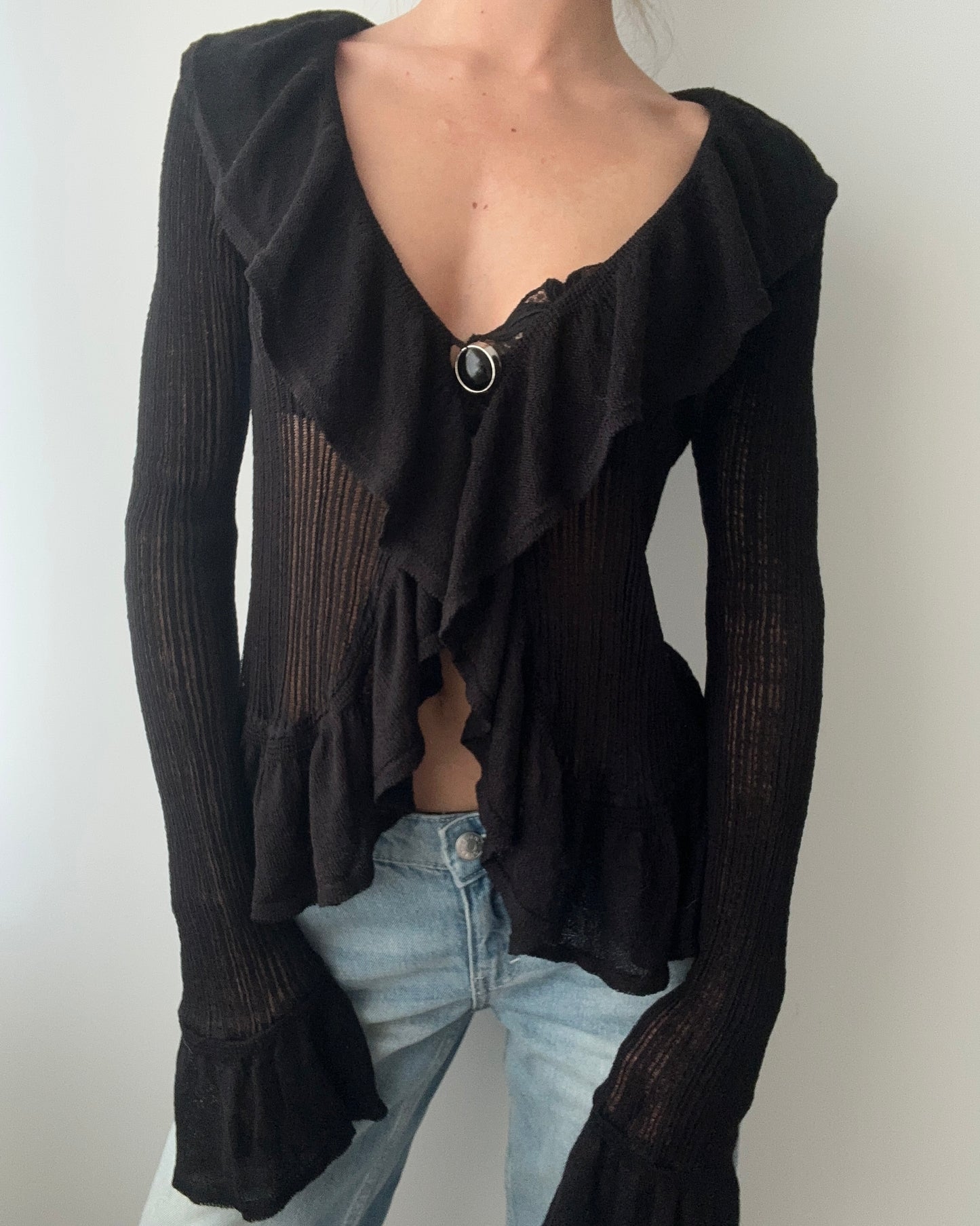 Black Knitted Blouse With Ruffles (S-M)