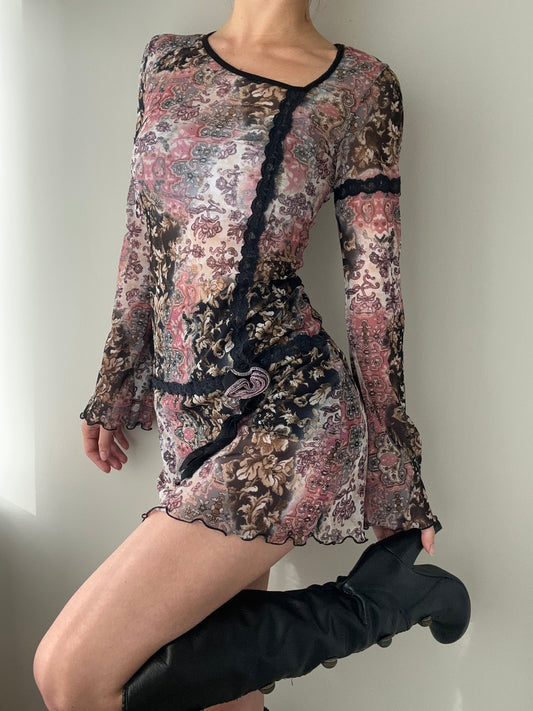 Mixed Pattern Mesh Tunic with Asymmetrical Neckline (S-M)