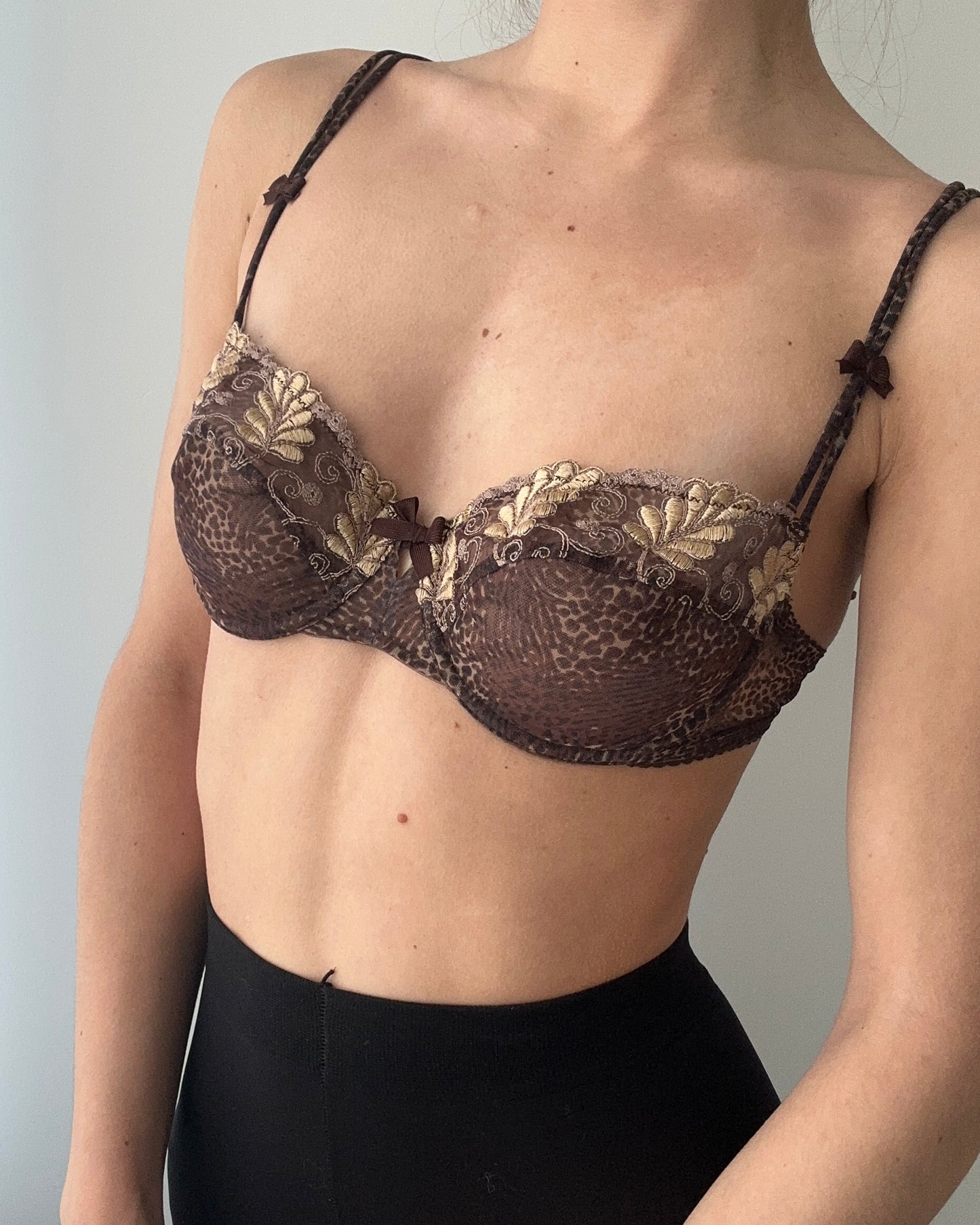 Simone Pérèle Brown Leopard Print Sheer Bra With Gold Embroidery (70C/32C)