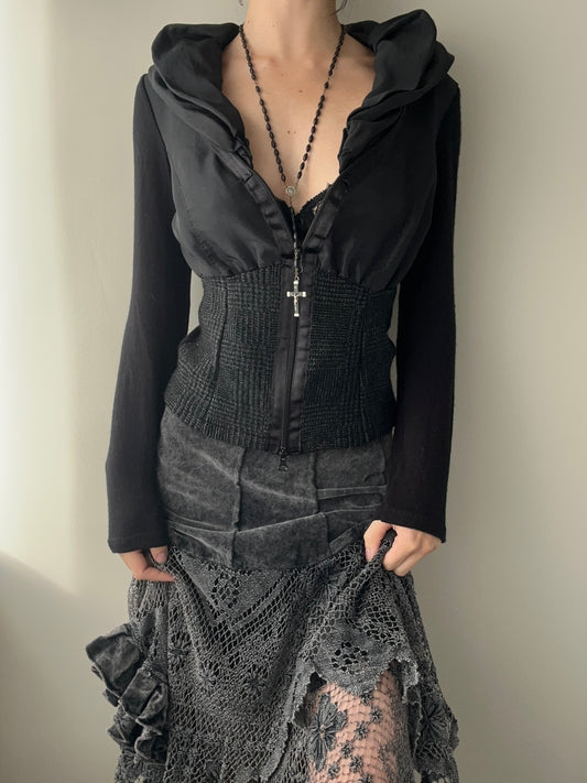 Black Zip Cardigan with Ruffled High Collar (XS-S)