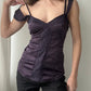 Dark Purple Silky Corset Top with Lace Details and Double Straps (M)