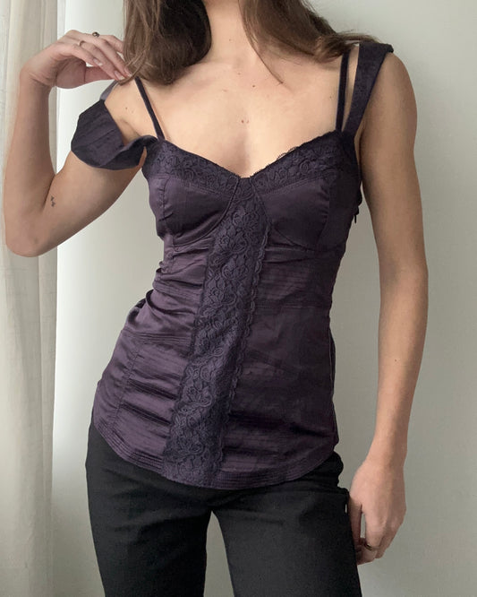 Dark Purple Silky Corset Top with Lace Details and Double Straps (M)