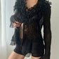 Black Sheer Ruffle Blouse With Embroidery (M)