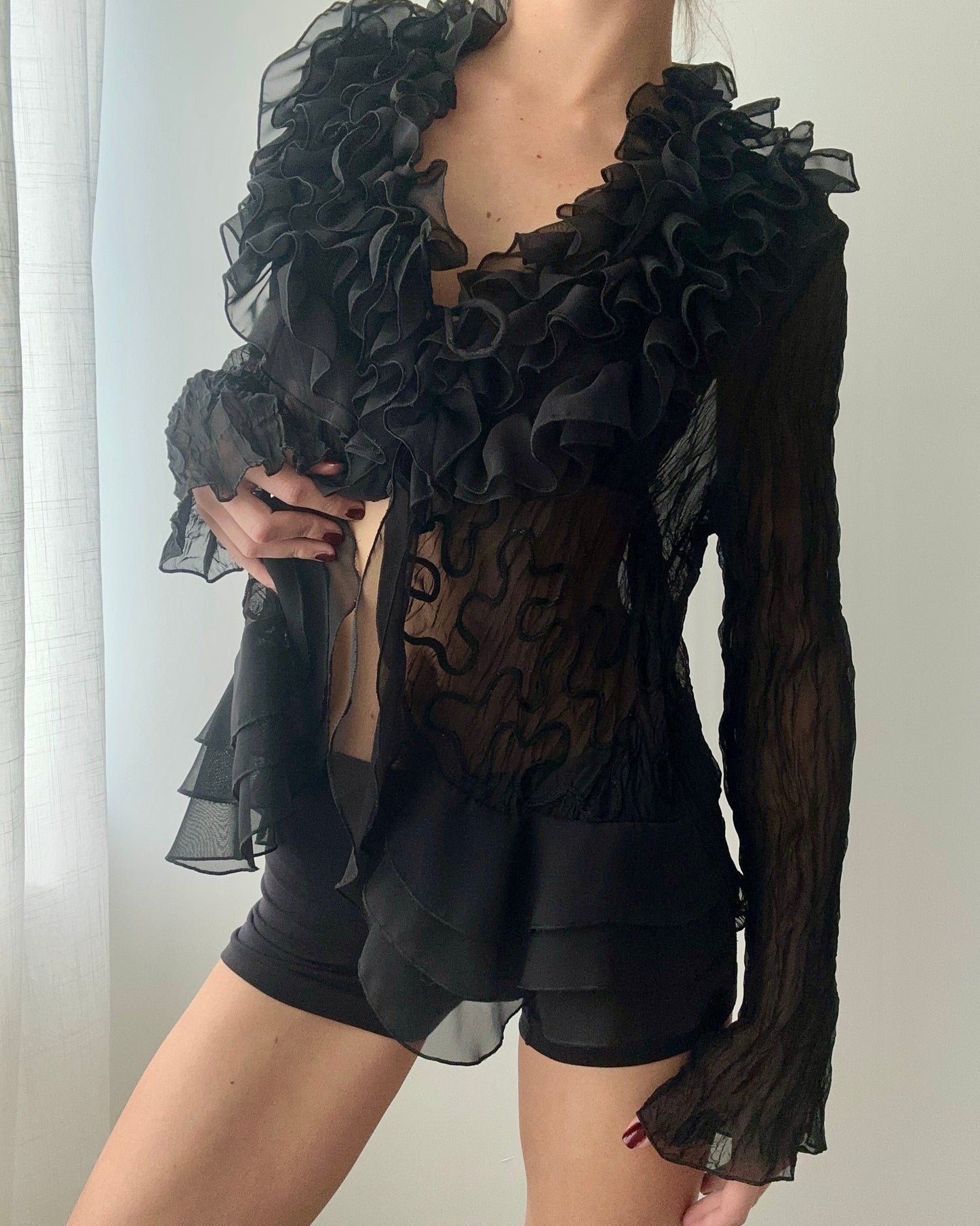 Black Sheer Ruffle Blouse With Embroidery (M)